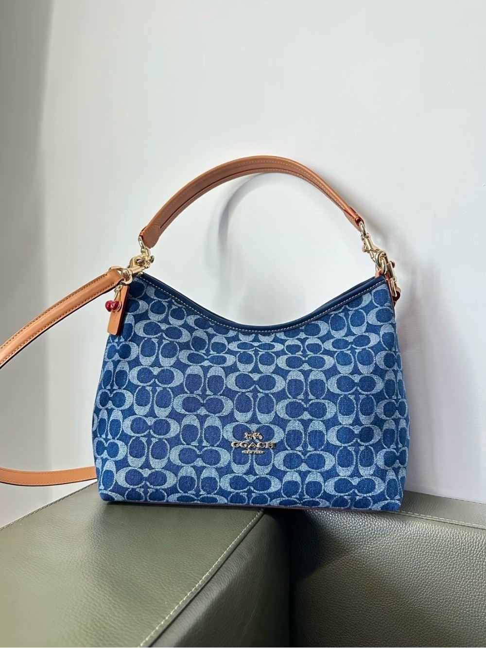 Coach Blue Denim Signature Mini Hobo with Tan Leather Strap